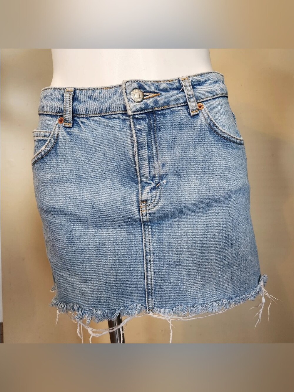 Topshop Light Blue Moto Denim Mini Skirt with Frayed Hem